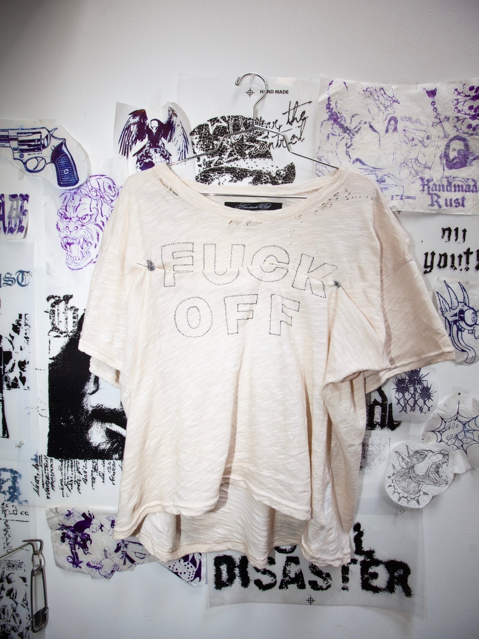 1:1 Hand Drawn FUCK OFF - VNTG WHITE TEE - Handmade Rust
